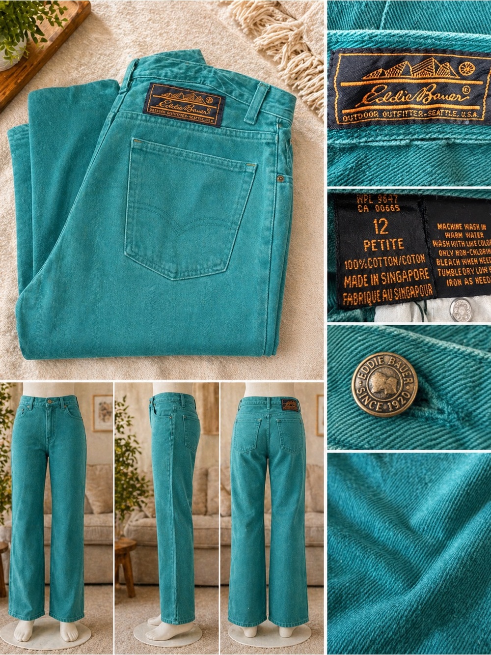 Eddie Bauer Green Jeans Petite 12 Teal Straight Leg 90s Vintage Style Cotton